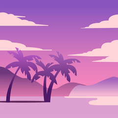 Fototapeta na wymiar Creative concept vector travel illustration florida palms seaside beach landscape in the dusk sundown.