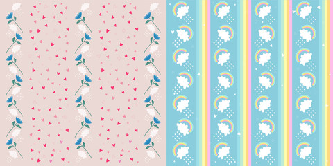 Ornaments with hearts, flowers, rainbows and clouds. Vector graphics.