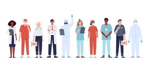 Set of multicultural medicine workers. Group of medical specialists standing together: doctor, surgeon, physician, paramedic, nurse, and other staff. Flat vector characters.
