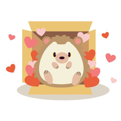 The character of cute hedgehog in the paper box with a lot of heart in flat vector style.