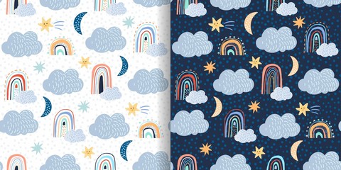 Childish seamless patterns set with clouds, white and dark background