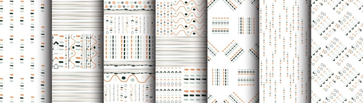 Set of hand drawn seamless patterns. Endless abstract vector backgrounds of simple primitive textures with different elements, stripes, shapes. Great for fabric
