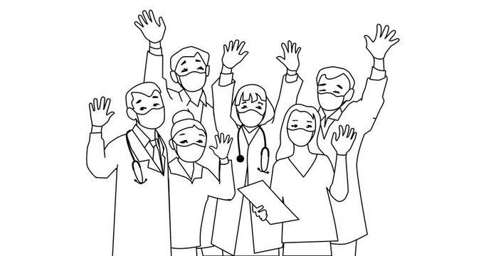 Animation of doctors and nurses team waving to camera.