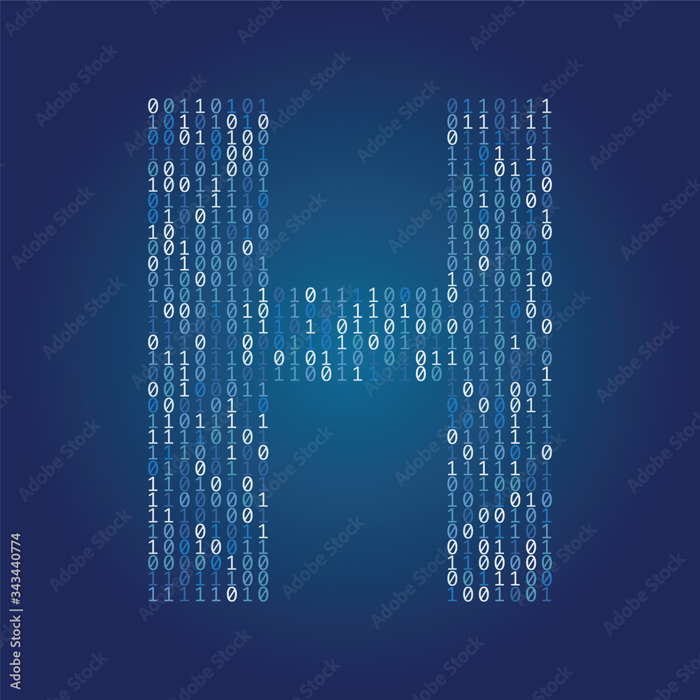 Poster Letter H font made from binary code digits on a dark blue background