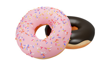 pink strawberry and chocolate glazed donut or doughnut with sprinkles isolated on white background, 3d rendering, with clipping path