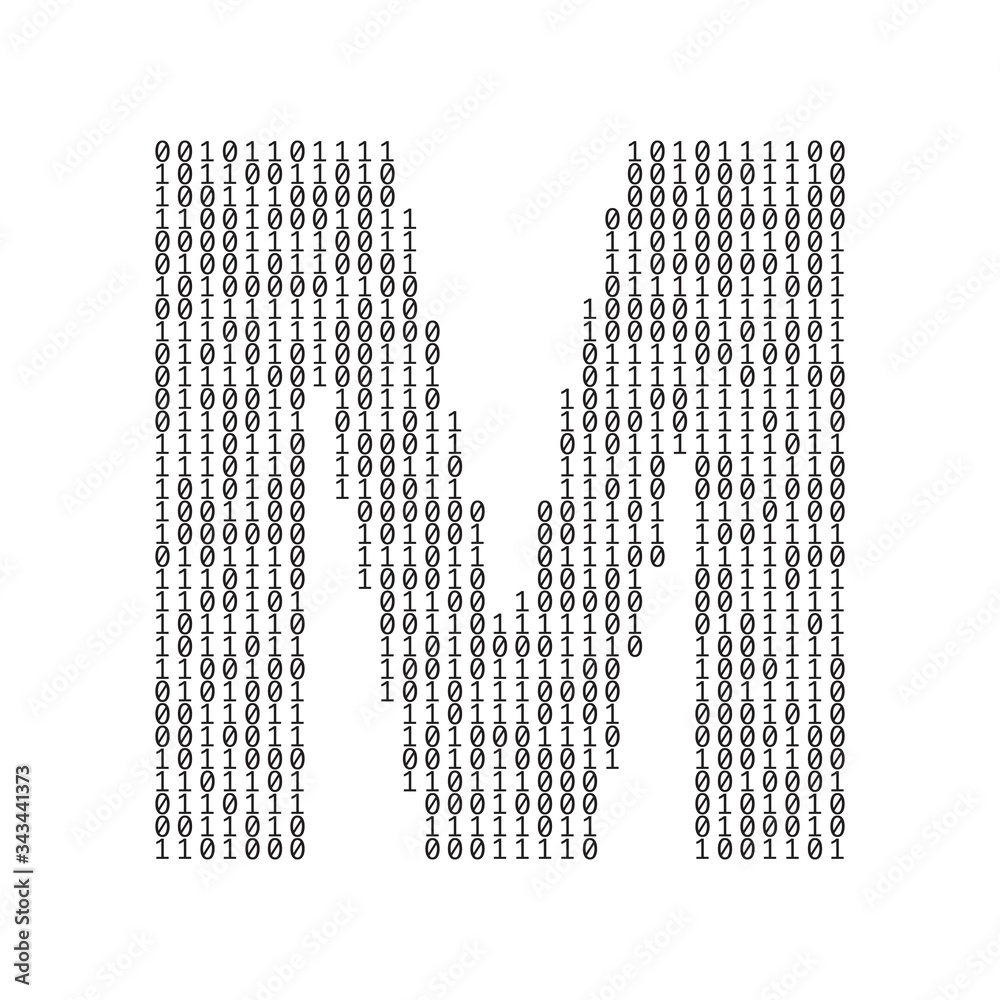 Poster Letter M made from binary code digits. Technology background