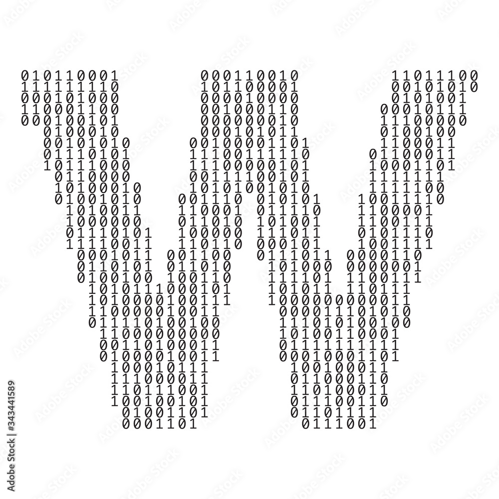 Poster letter w made from binary code digits. technology background