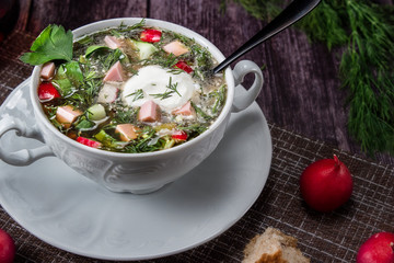 Russian soup okroshka on the table
