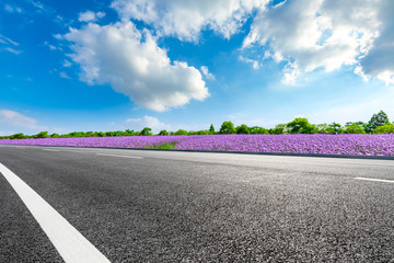 Empty asphalt road and purple lavender field on a sunny day.