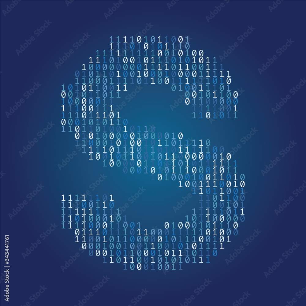 Poster Letter S font made from binary code digits on a dark blue background