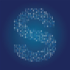 Letter S font made from binary code digits on a dark blue background