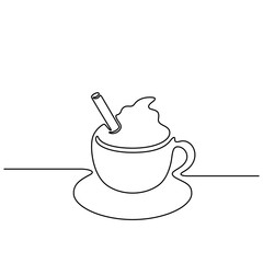 Continuous line drawing. A cup of coffee with whipped cream. Black isolated on white background. Hand drawn vector illustration. 