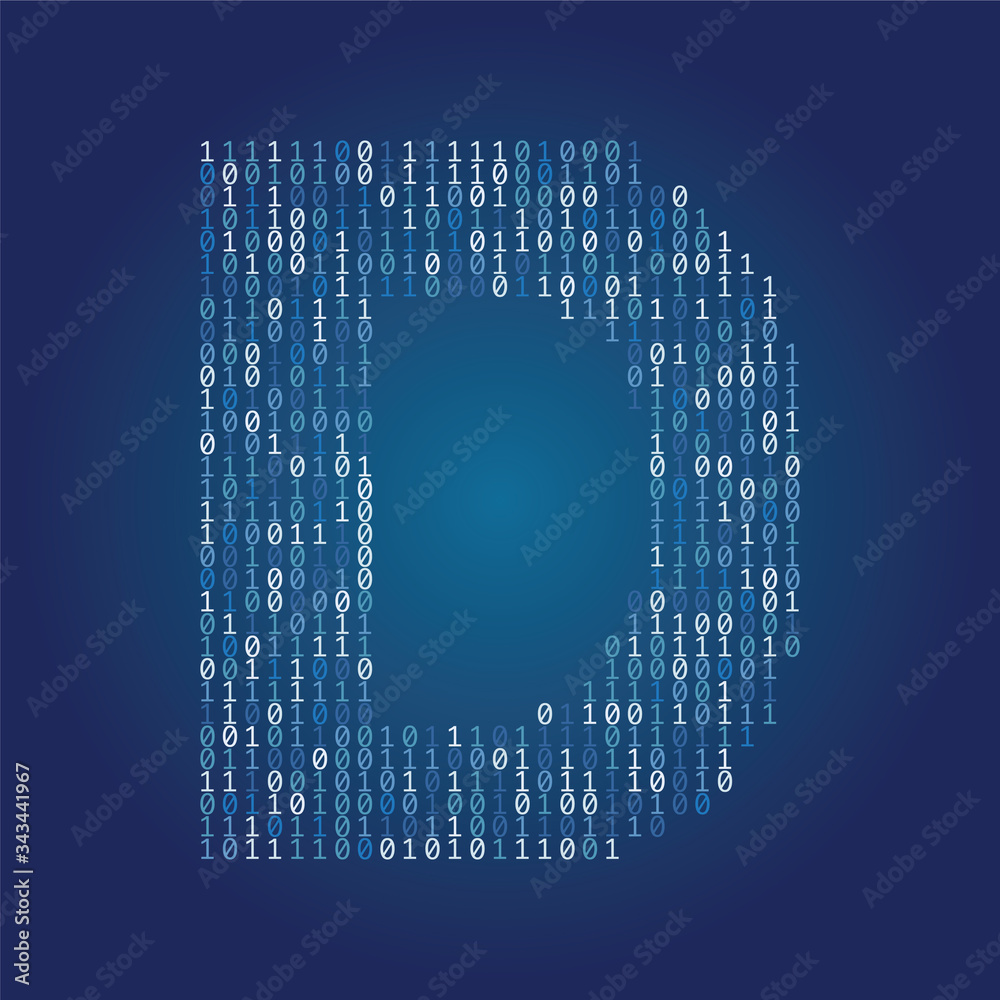 Poster Letter D font made from binary code digits on a dark blue background