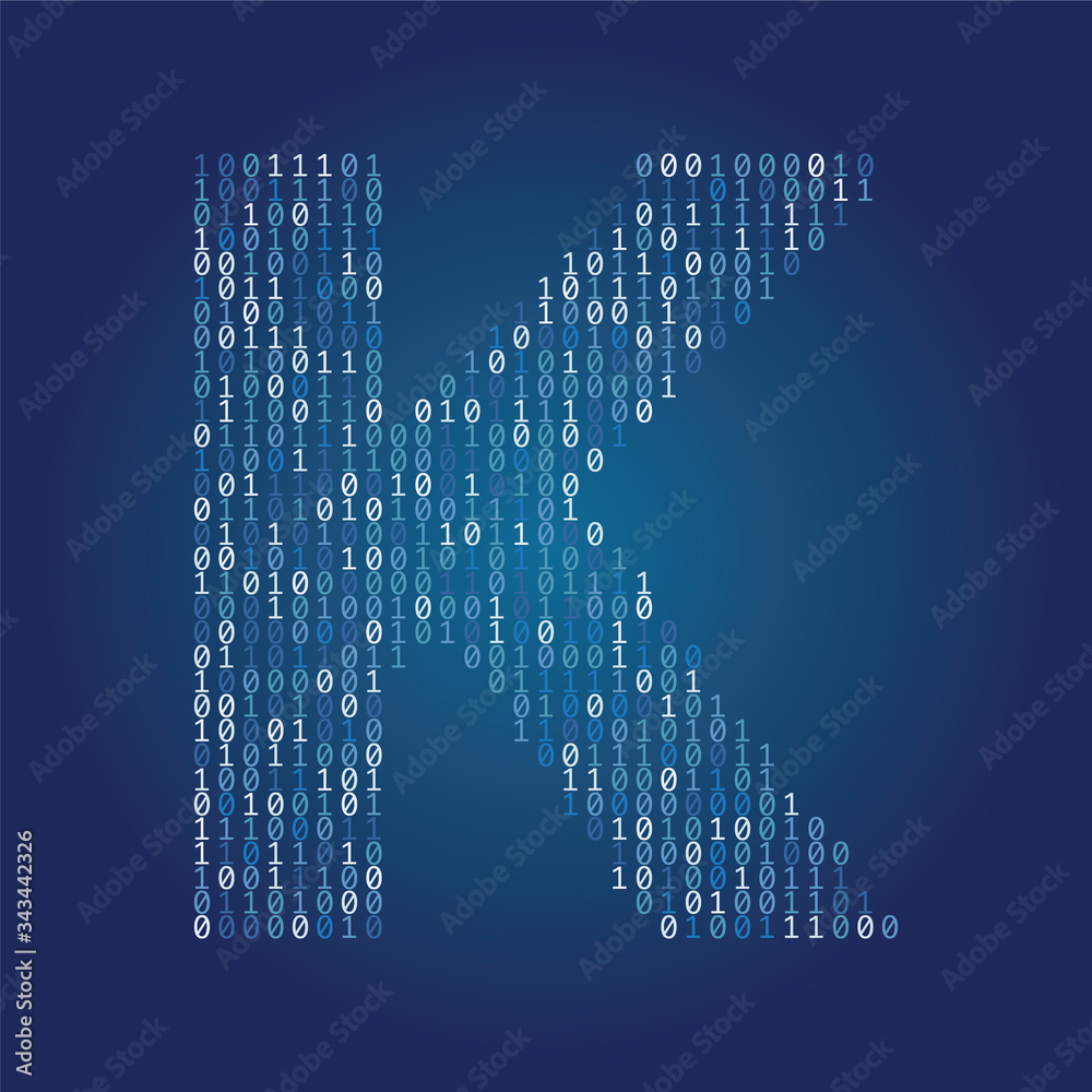 Poster letter k font made from binary code digits on a dark blue background