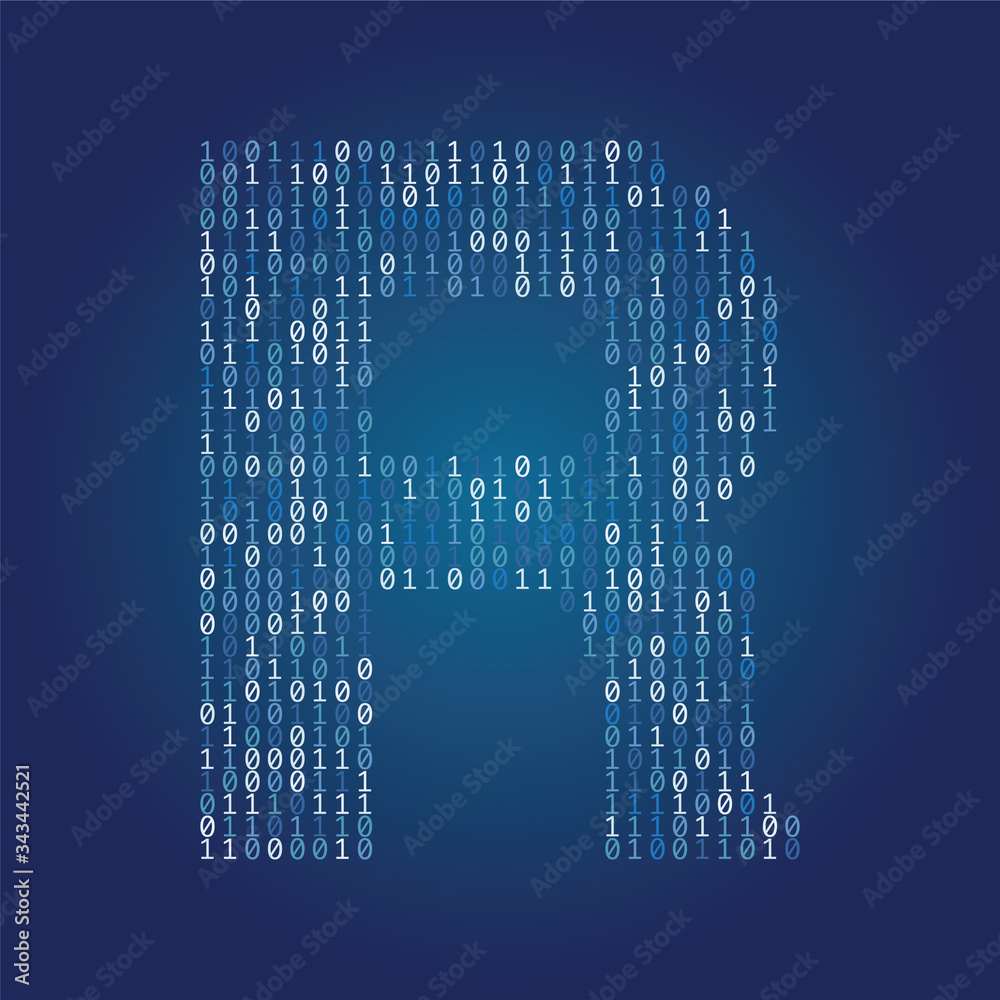 Poster Letter R font made from binary code digits on a dark blue background