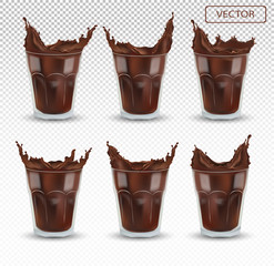 3D realistic chocolate splash in the transparent glass. Big collection cocoa or coffee. Chocolate drink, cocktail isolated on transparent background. Icon set. Vector illustration.