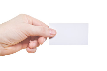 Hand holding blank paper business card, isolated on white background