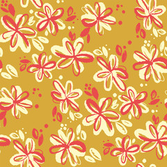 Naive simple sketch abstract flowers seamless pattern for background, fabric, textile, wrap, surface, web and print design. Mustard yellow and orange decorative floral vector tile rapport