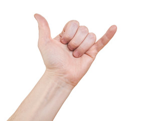 Man's hand shows a sign to make a phone call. Isolated on white background.