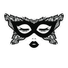 Beautiful woman face with black lips in black mask with floral motifs, lush eyelashes. Beauty Logo. Vector illustration. Party carnival mask. 