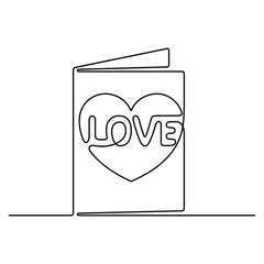Continuous line drawing. Postcard with heart. Love. Black isolated on white background. Hand drawn vector illustration. 