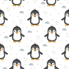 Seamless pattern with cute penguins. Hand-drawn illustration. Vector.