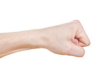Hand with clenched a fist, isolated on a white background Close up