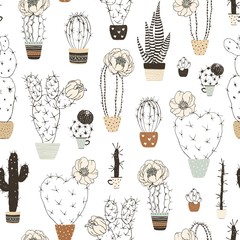 Seamless pattern with silhouettes blossom cactuses in flowers pots. Vector mexican floral illustration on white background.