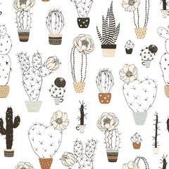 Behang Naadloze patroon met silhouetten bloesem cactussen in bloemenpotten. Vector Mexicaanse bloemenillustratie op witte achtergrond. © Nikole