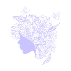Beautiful woman face silhouette. Beauty Logo. Vector illustration, diadem flowers, butterflies, floral motive, abstract flowers, spa salon, sign, symbol, nails studio, hairdresser salon.