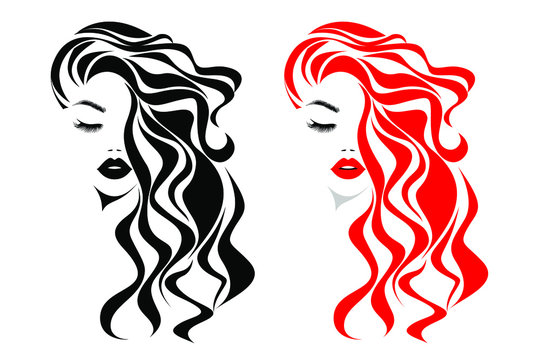 Beautiful sexy woman face, red lips, curly black and red hair style, fashion hairdresser, element design, spa salon. Beauty Logo. Vector illustration. Isolated on white.