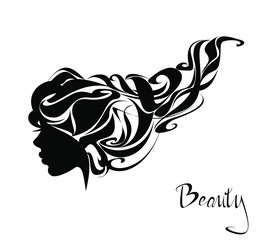 Beautiful woman face silhouette with abstract hairdresser. Beauty logo, sign, symbol. Vector illustration. Hand drawing.