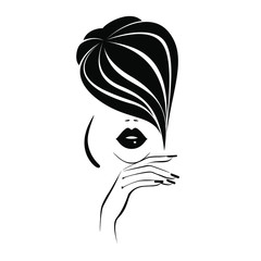 Beautiful woman face with black lips, lush eyelashes, hand with black manicure nails, black hair, stylish hairstyle. Beauty Logo. Nail art studio. Wallpaper background. Vector illustration.