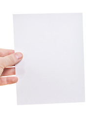 Fototapeta premium Hand holding blank sheet of paper isolated on white background