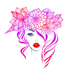 Obraz na płótnie Canvas Beautiful woman face red lips, hand with red manicure nails. Beauty Logo. Vector illustration, diadem flowers, floral motive, abstract flowers, spa salon, sign, symbol, nails studio.