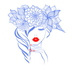 Beautiful woman face red lips, hand with red manicure nails. Beauty Logo. Vector illustration, diadem flowers, floral motive, abstract flowers, spa salon, sign, symbol, nails studio.