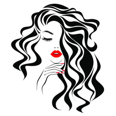 Beautiful sexy woman face, red lips, curly black hair style, fashion hairdresser, element design, spa salon. Beauty Logo. Beautiful hands with art nail manicure. Vector illustration. Isolated on white