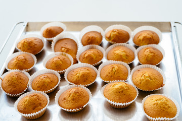 Homemade muffins on oven tray. Delicious pastries for dessert on the table