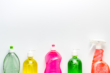 Detergent bottles - disinfection, cleaning - on white background top vew copy space