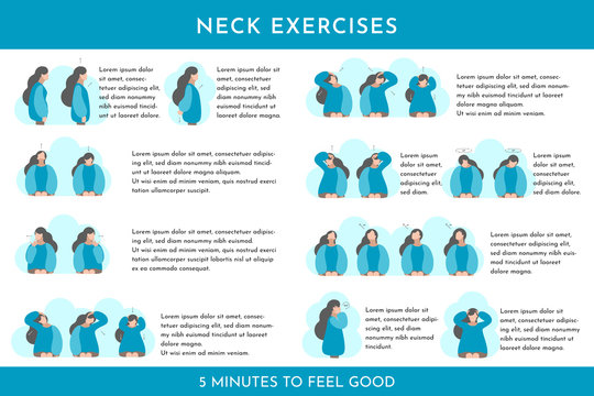 Vector flat illustration set with neck exercises by girl. Stretching activity for neck and back if its hurt. Correct posture and self massage. Blue colors, white background, place for text
