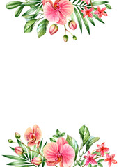 Watercolor floral background. Vertical A5 card template and place for text. Orange orchid flowers and palm leaves. Hand painted tropical background. Botanical illustrations isolated on white