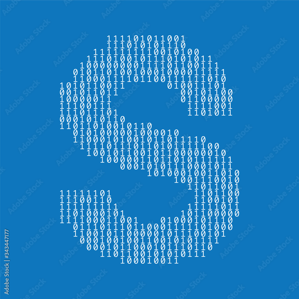 Poster letter s made from binary code digits. technology background