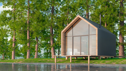 Wooden secluded house made of planks in a Scandinavian modern style with large Windows overlooking the lake, a fireplace at sunset against the background of a coniferous green forest. 3D illustration © ParamePrizma