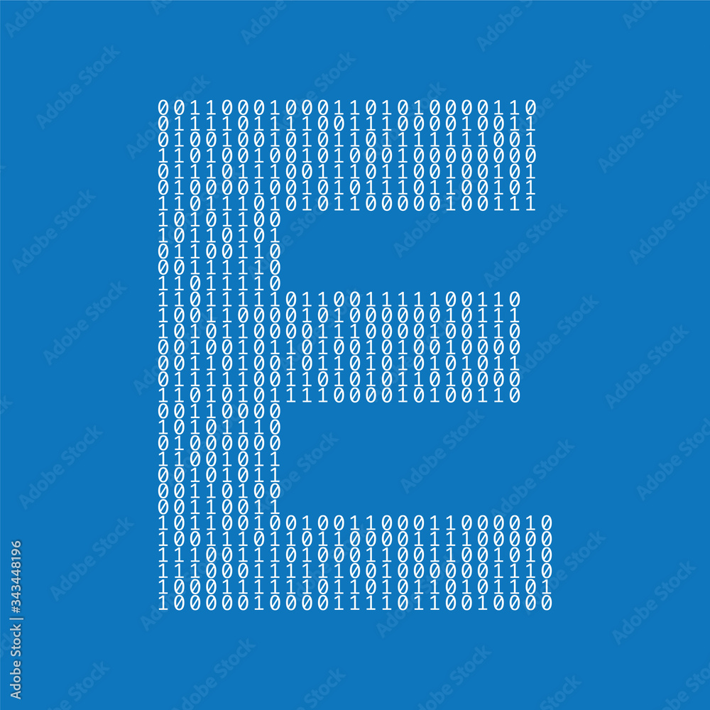 Poster Letter E made from binary code digits. Technology background
