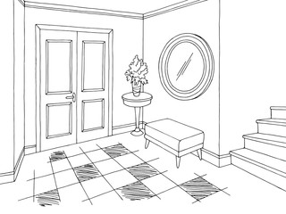 Hallway graphic black white interior sketch illustration vector