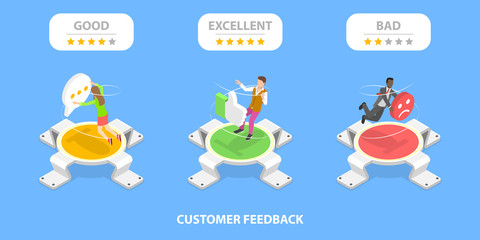 3D Isometric Flat Vector Concept of Excellent, Bad and Good Customer Feedbacks, Positive Opinion and Review, Online Survey, Five Stars Product Rating, Client Satisfaction.