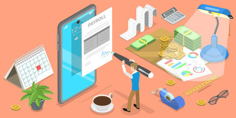 3D Isometric Flat Vector Concept of Mobile Payroll App, Salary Payment, Financial Calendar, Expenses Calculator.