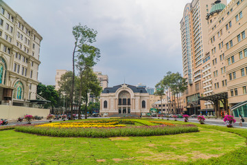 Fototapeta premium Large view of Saigon Opera House and metro station entrance in the finishing phase. This is metro line 1: Ben Thanh - Suoi Tien.