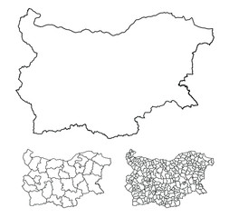 Bulgaria outline map vector with administrative borders, regions, municipalities, departments in black white colors