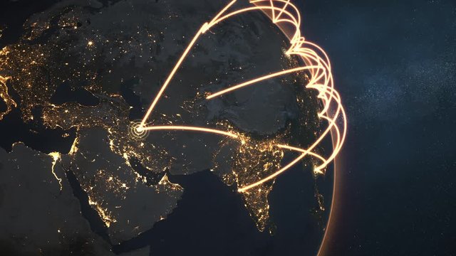 Corona virus network spreading across night earth. SARS-CoV-2 2019-nCov COVID-19 pandemic outbreak concept. High quality 3d animation. Elements of this image furnished by NASA. Last 20sec / 500f  loop